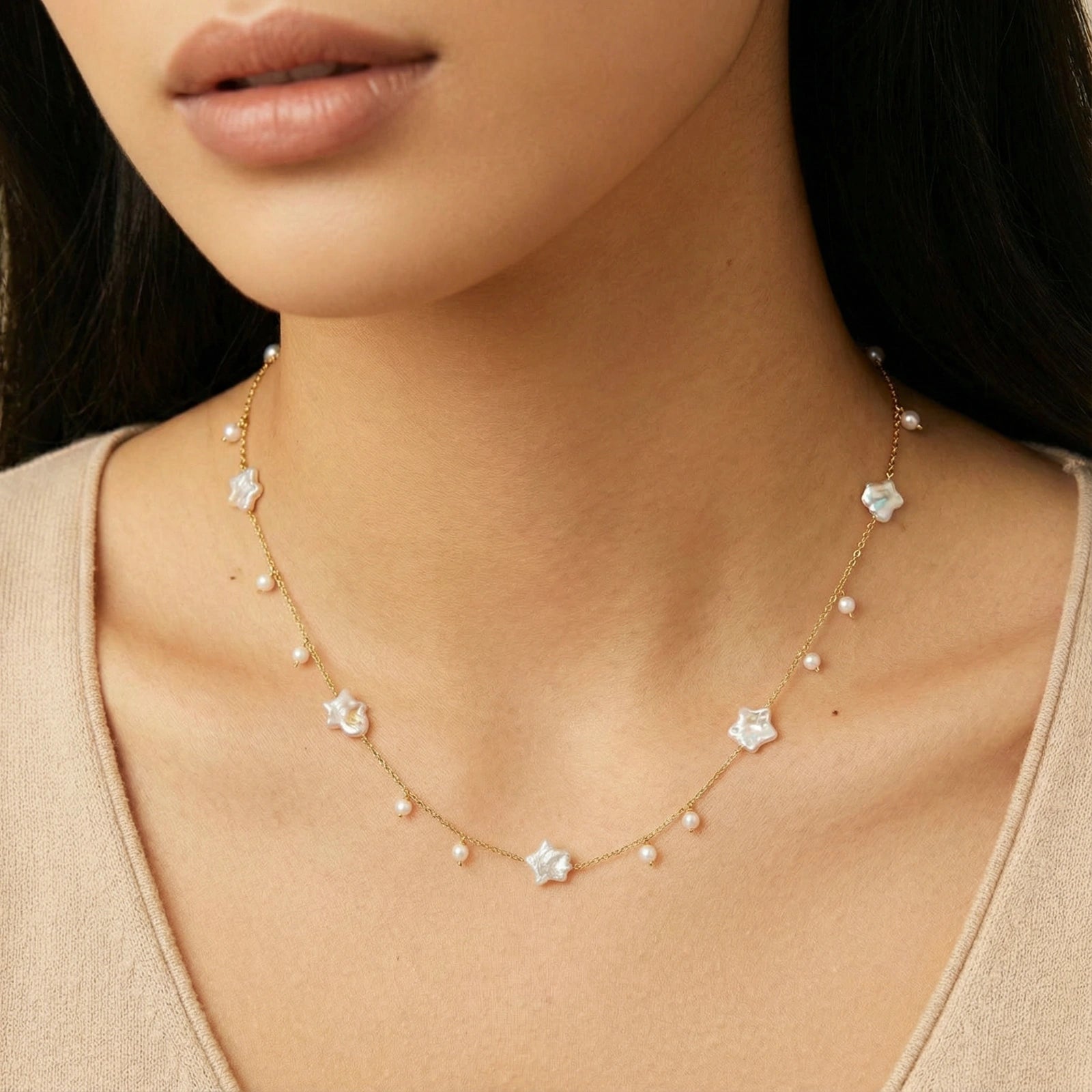 Celestial Pearl Stars Necklace by Valtrexa