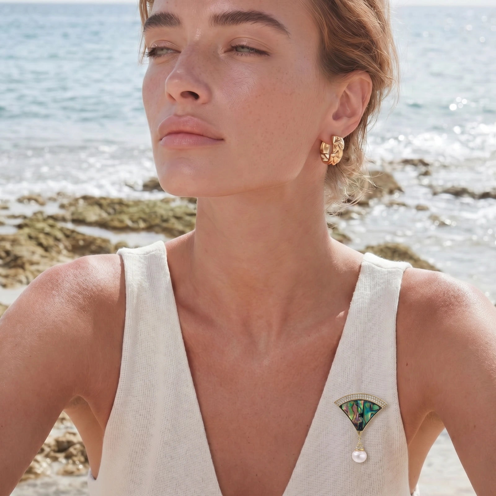Iridescent Fan Pearl Brooch by Valtrexa